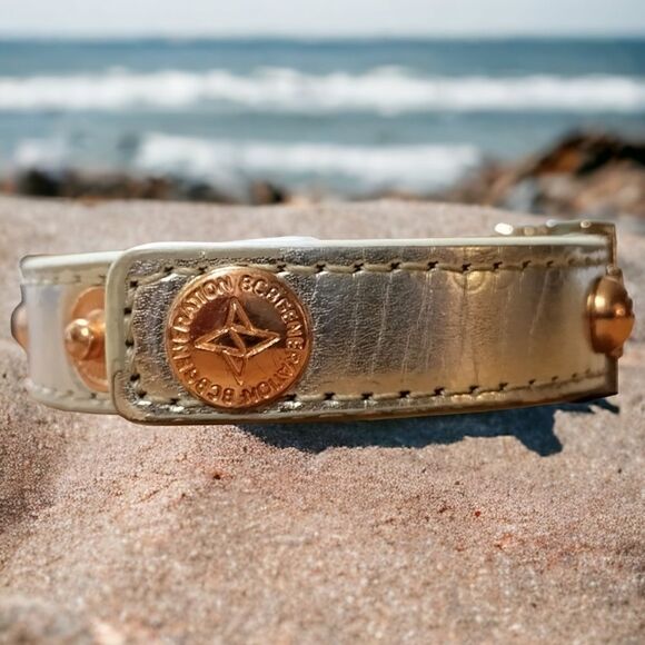 CUFF BCBG SILVER LEATHER 3/4" "#SWEET" ROSE GOLD Tone SLIDE Letters 7-7 1/2" - Picture 5 of 13